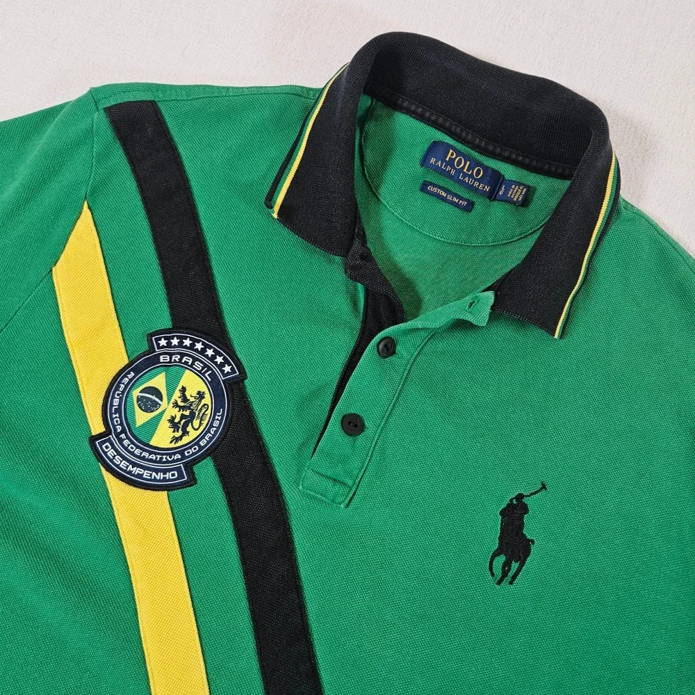Polo Ralph Lauren Polo Shirt Mens L Green Brazil #5 Custom Slim Fit Logo Sash